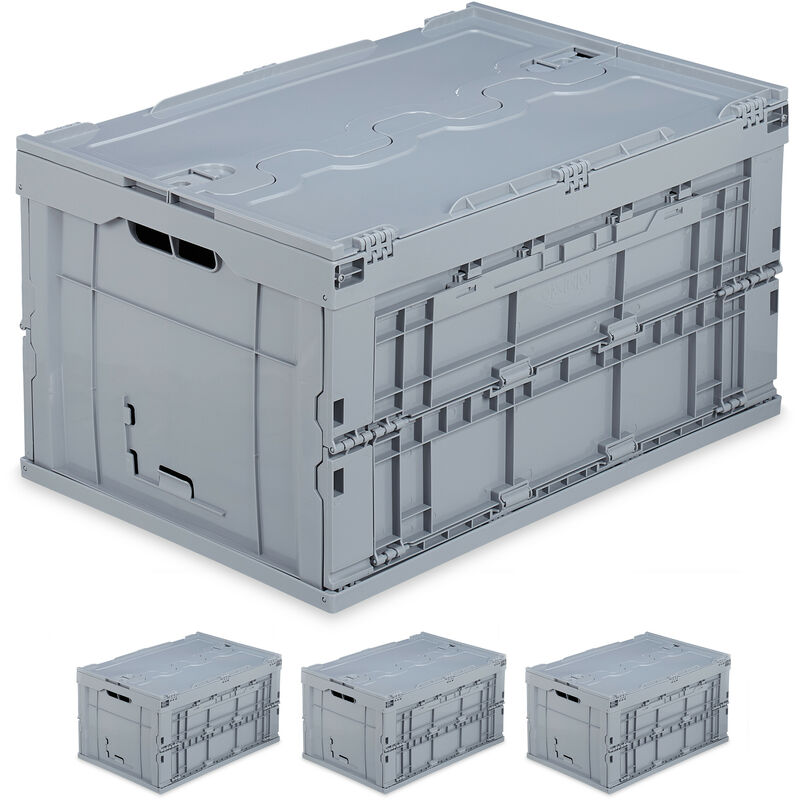 foto del prodotto relaxdays 4x cassetta pieghevole, stabile, da lavoro, plastica resistente, scatola portaoggetti 60l, hlp 32,5x58,5x39,5cm, grigio