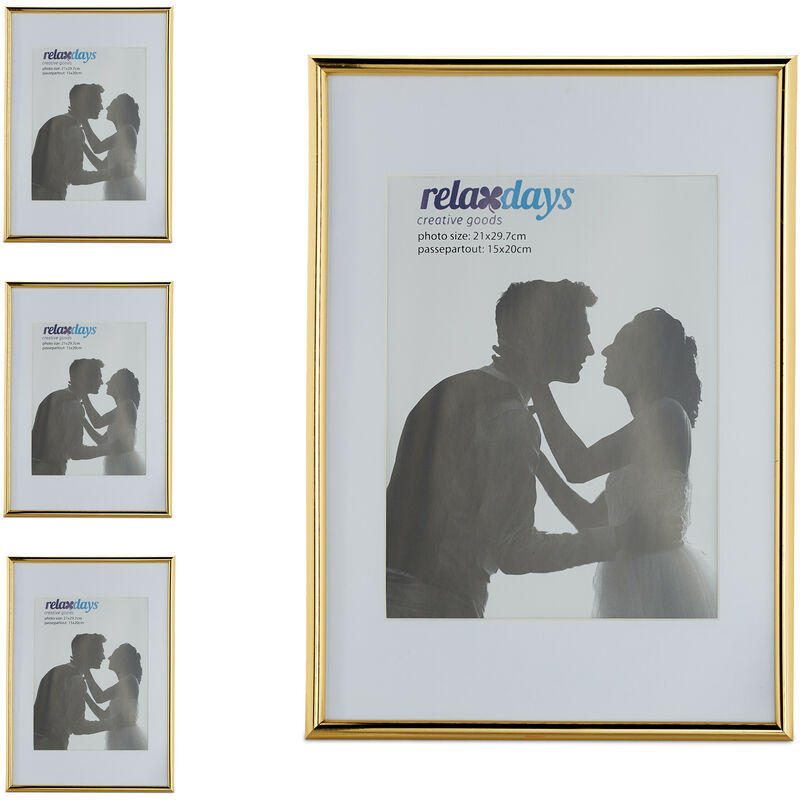 foto del prodotto relaxdays 4x cornici portafoto, formato a4, passe partout 15x20 cm, da appoggiare o appendere, per foto e disegni, oro bianco