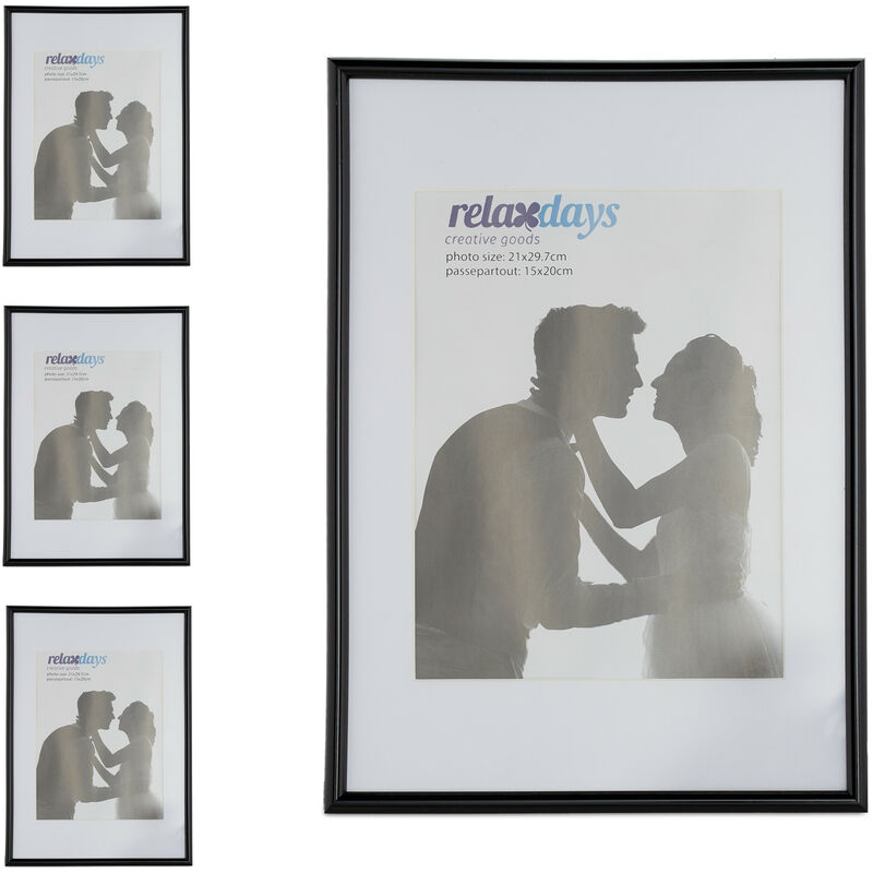 foto del prodotto relaxdays 4x cornici portafoto, formato a4, passe partout 15x20 cm, quadri da appoggiare o appendere, per foto e disegni, nero