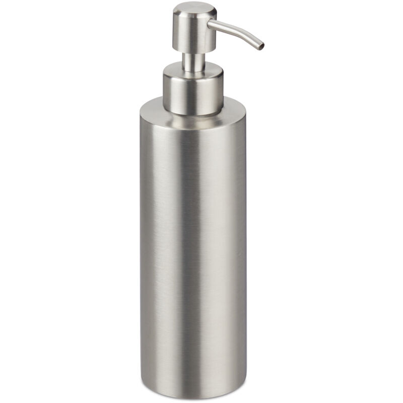 foto del prodotto relaxdays 4x dispenser di sapone, erogatore ricaricabile, accessori bagno, wc, cucina, acciaio spazzolato, 300 ml, argento
