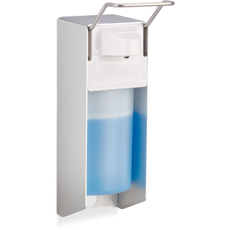 foto del prodotto relaxdays 4x dispenser sapone 500 ml, erogatore disinfettante fissaggio a parete, dosatore bagno, portasapone gomito, bianco