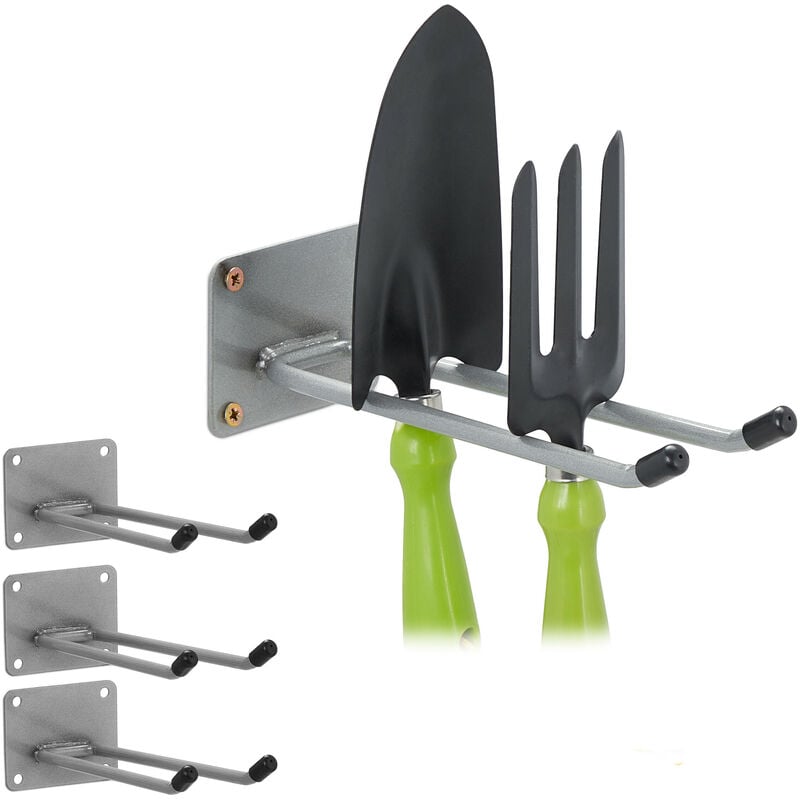 foto del prodotto relaxdays 4x gancio porta attrezzi da giardino, l 24 cm, appendi accessori giardinaggio, portaoggetti officina, argentato