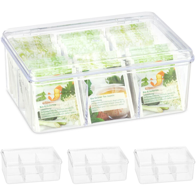 foto del prodotto relaxdays 4x scatola porta t e tisane, 90 bustine, organizer con coperchio, proteggi aroma, hlp 9 x 21,5 x 14,5 cm, trasparente