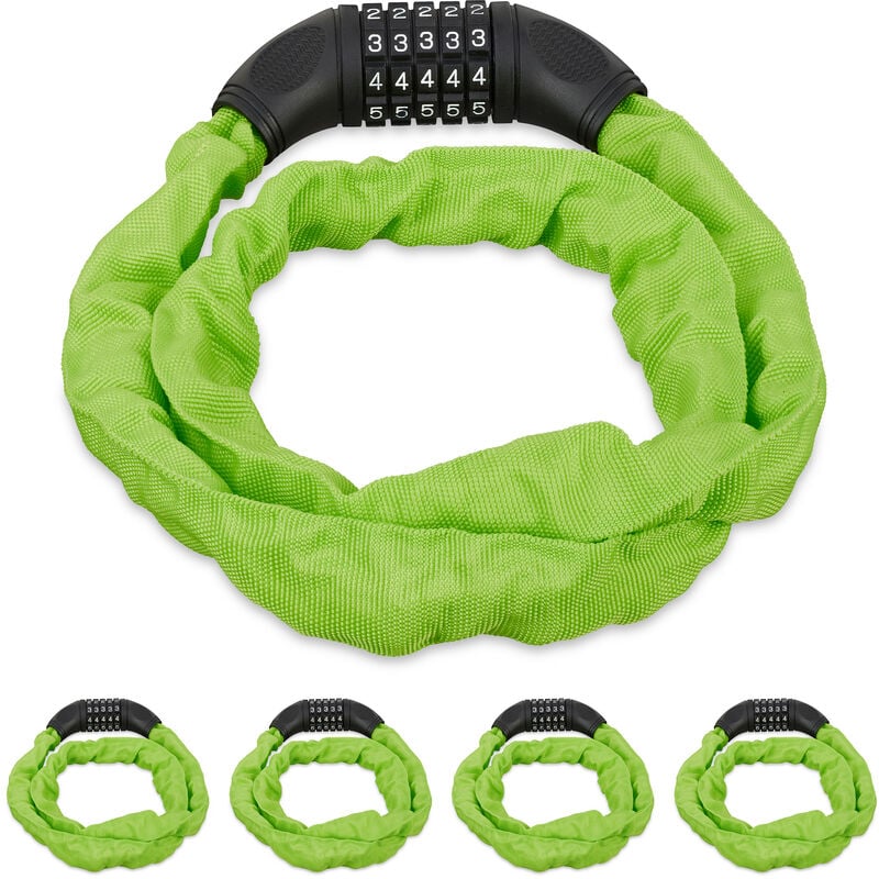 foto del prodotto relaxdays 5x lucchetto a combinazione per bicicletta, catenaccio sicurezza con codice a 5 cifre, in acciaio, 120 cm, verde