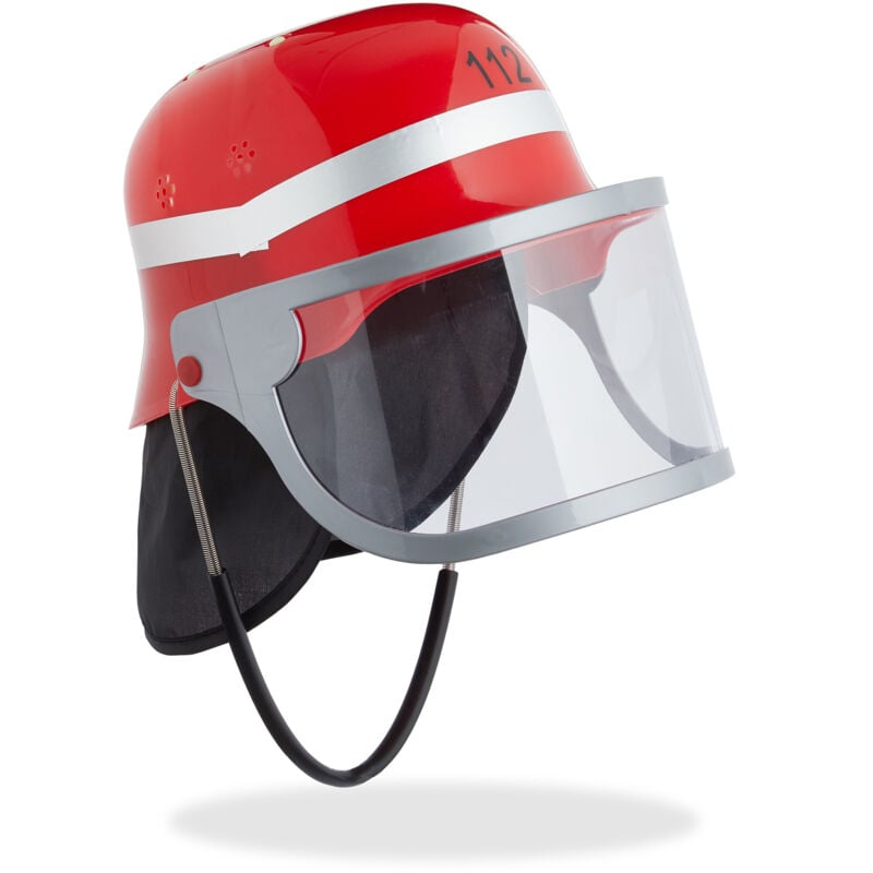 foto del prodotto relaxdays 6x set casco da pompiere per bambini, con visiera, fazzoletto per collo poggia mento, regolabile, carnevale, rosso