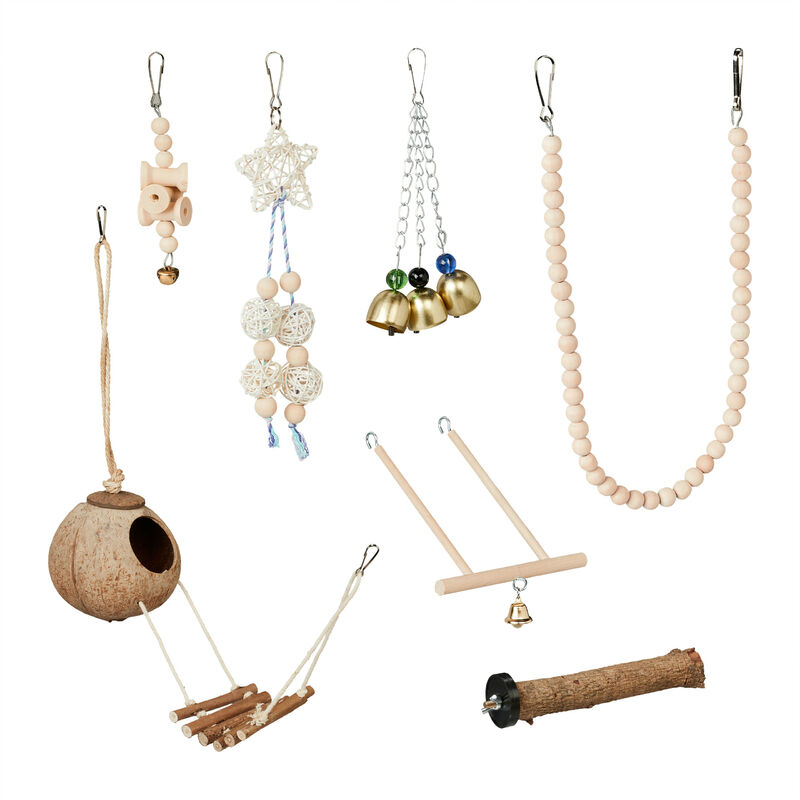 foto del prodotto relaxdays 7 giochi per pappagalli, accessori per gabbietta, per canarini e calopsite, altalena, trespolo e nido, marrone