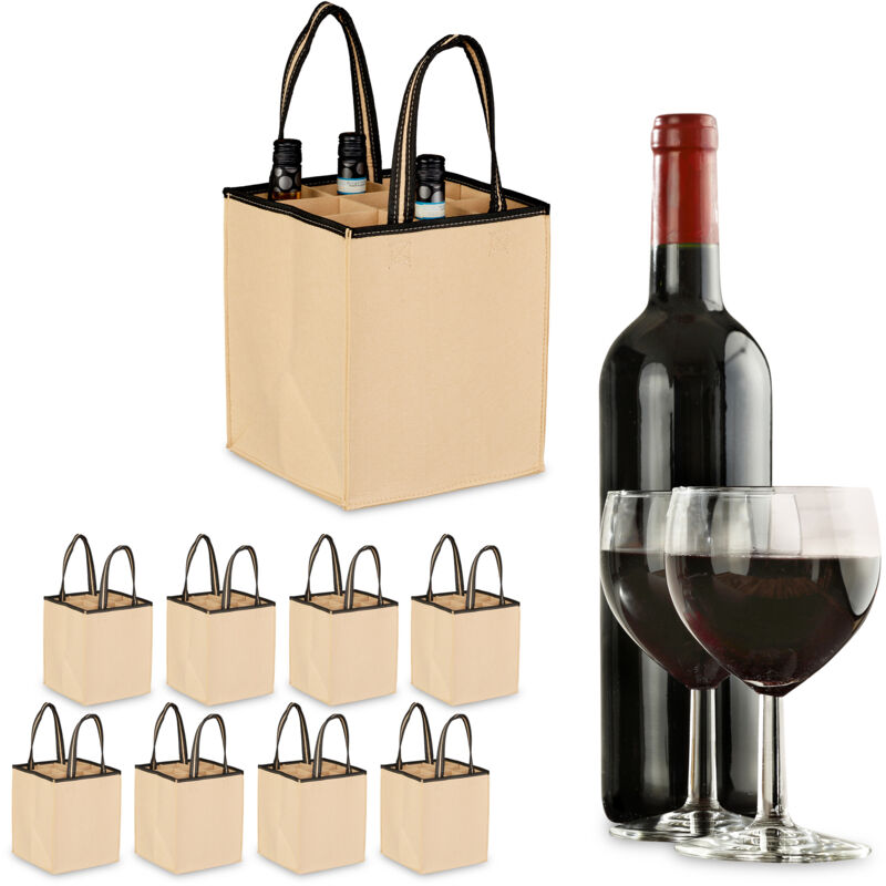 foto del prodotto relaxdays 9x borsa porta bottiglie di vino e birra, 9 scomparti, portabottiglie e shopping bag, 45x24x24 cm, beige