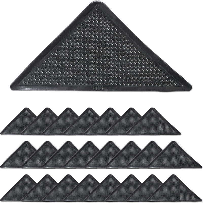 foto del prodotto relaxdays adesivo antiscivolo tappeto, set 24 triangoli autoadesivi sottotappeto, angoli gommini ferma tappetino, nero