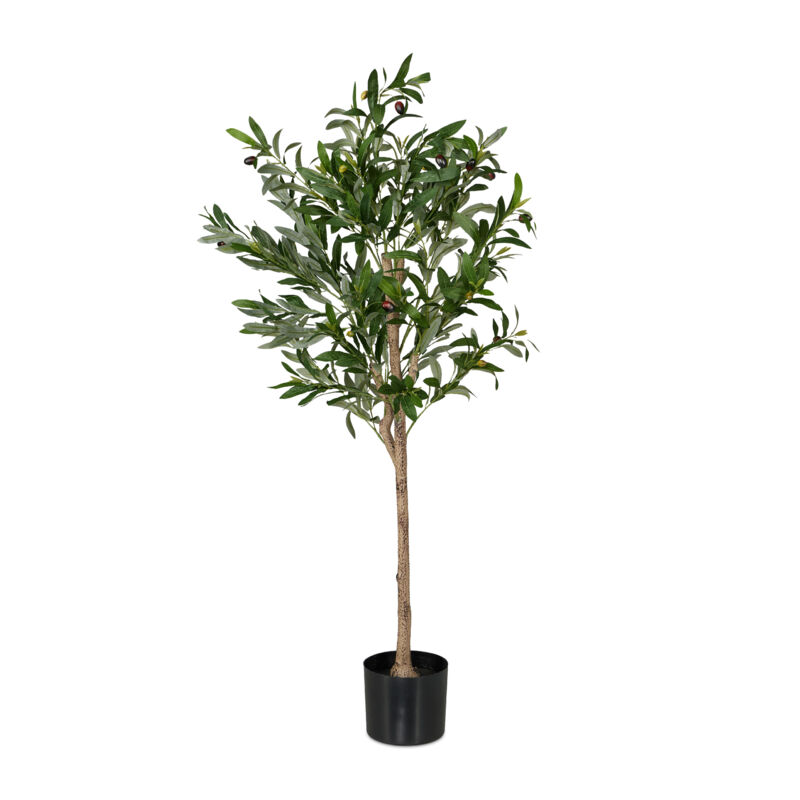 foto del prodotto relaxdays albero di ulivo finto, pianta artificiale olivo h 120 cm, plastica e pietra, piantina interni, verde marrone
