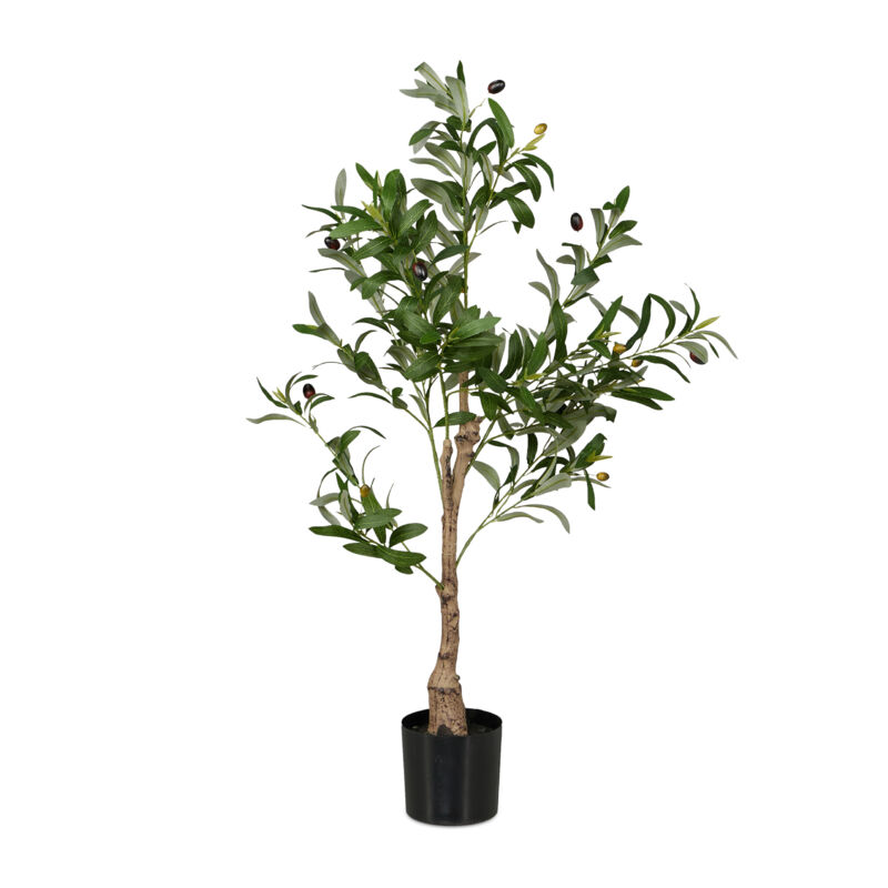 foto del prodotto relaxdays albero di ulivo finto, pianta artificiale olivo h 90 cm, plastica e pietra, piantina interni, verde marrone