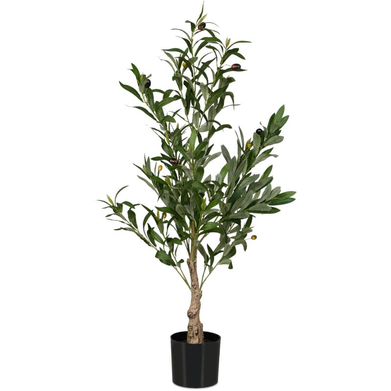 foto del prodotto relaxdays albero di ulivo finto, pianta artificiale olivo h 90 cm, plastica e pietra, piantina interni, verde marrone