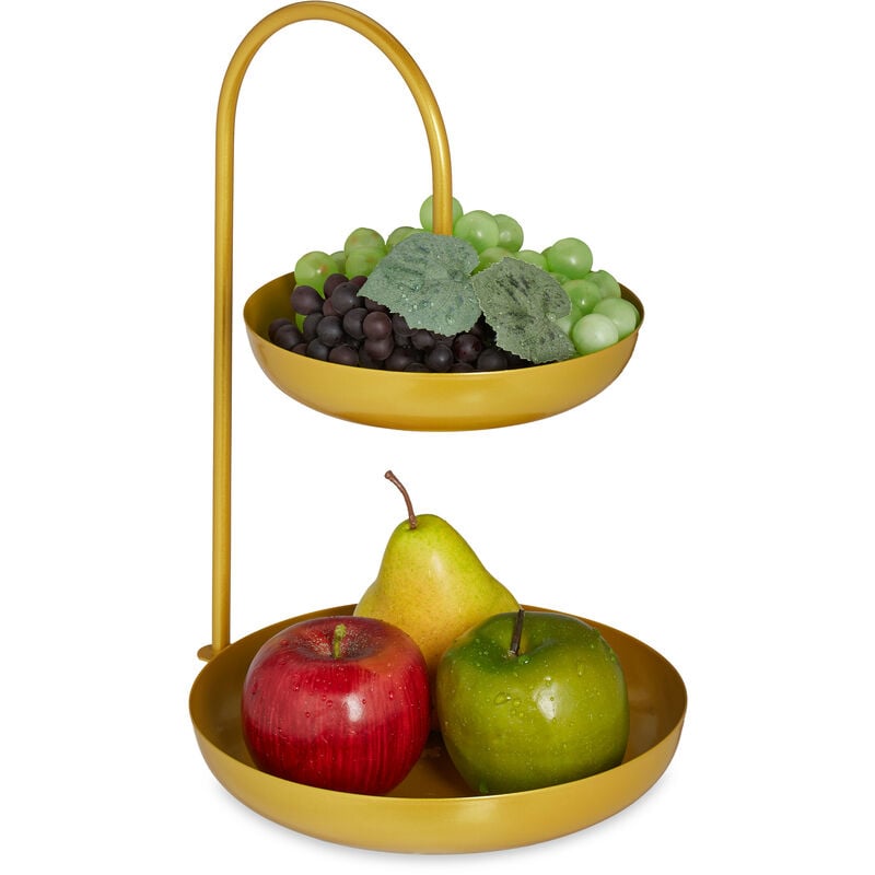foto del prodotto relaxdays alzata per frutta a 2 piani, in ferro, hlp 31x23x20 cm, etagere per dolci, piatti rotondi per muffin, dorato