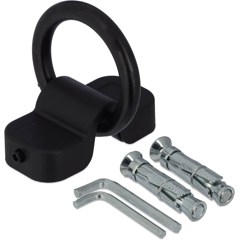 foto del prodotto relaxdays anello antifurto bici e moto, gancio 14 mm, ancoraggio a muro per biciclette, scooter, acciaio, plastica, nero