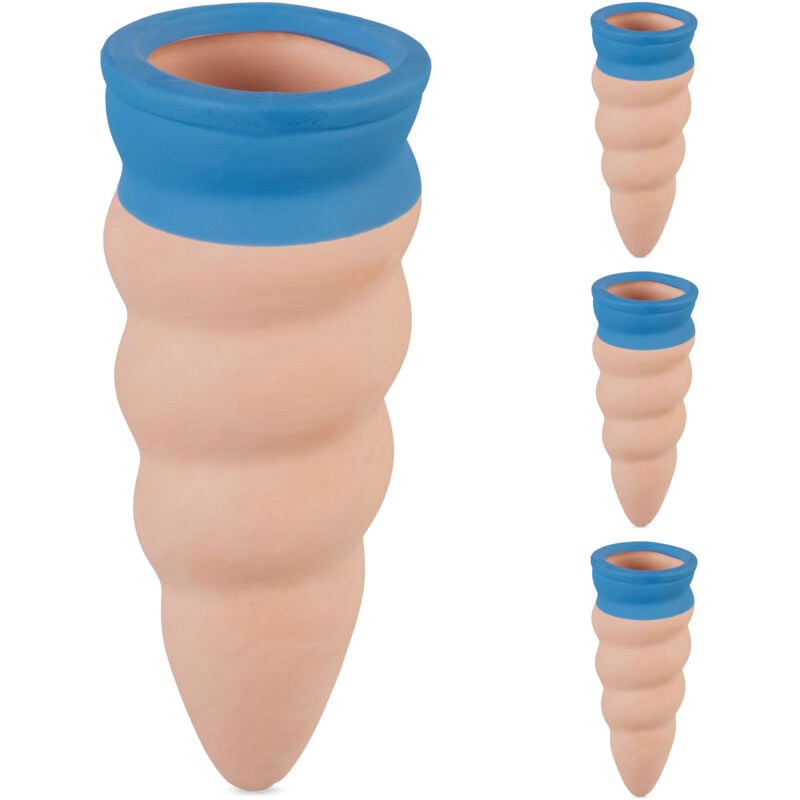 foto del prodotto relaxdays annaffiatoio automatico per vasi, set da 4 coni in ceramica, irrigatori per bottiglie da 1,5 l, terracotta blu