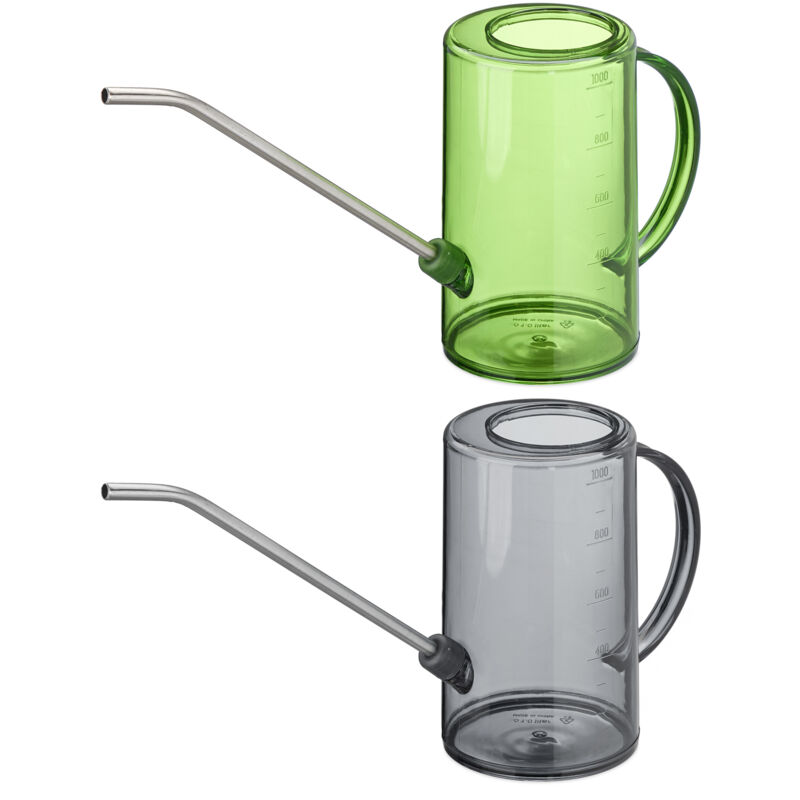 foto del prodotto relaxdays annaffiatoio per piante d appartamento, in set da 2, 1 l, plastica e acciaio inox, collo lungo, grigio verde
