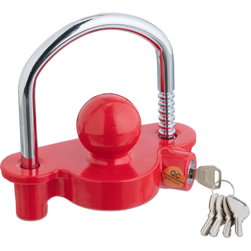 foto del prodotto relaxdays antifurto per rimorchio, blocco per auto, dispositivo di protezione per caravan lucchetto con 5 chiavi, rosso