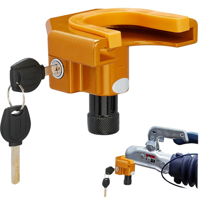 foto del prodotto relaxdays antifurto rimorchi, serratura a 2 chiavi, protezione gancio camper, lucchetto sicurezza auto, nero arancione
