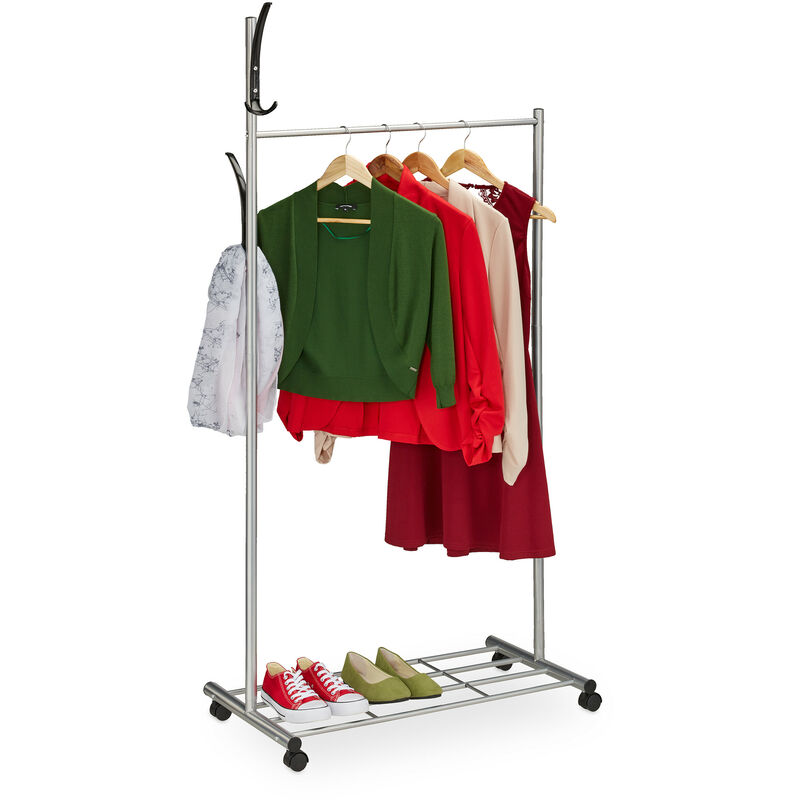 foto del prodotto relaxdays appendiabiti con rotelle, hxlxp 165 x 80 x 44 cm, metallo, stand con ripiano, portascarpe, argento nero