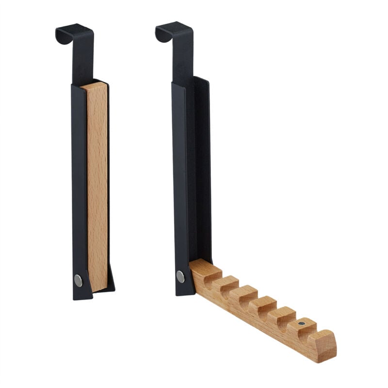 foto del prodotto relaxdays appendiabiti da porta pieghevole, 6 ganci per appendere grucce, per porte spesse 2 cm, metallo e legno, nero