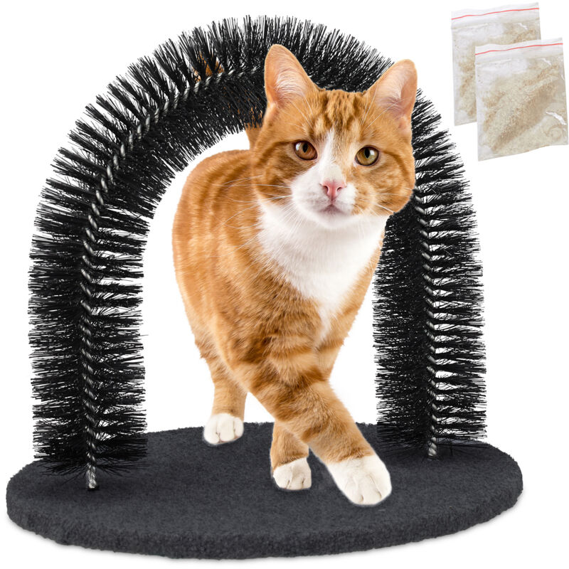 foto del prodotto relaxdays arco massaggiatore per gatti, con erba gatta, spazzola massaggiante, cura del pelo, cat scratcher setole, nero