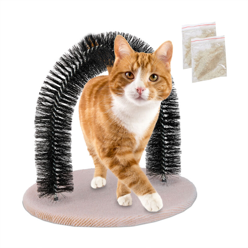 foto del prodotto relaxdays arco massaggiatore per gatti, con erba gatta, spazzola massaggiante, cura del pelo, cat scratcher setole, nero