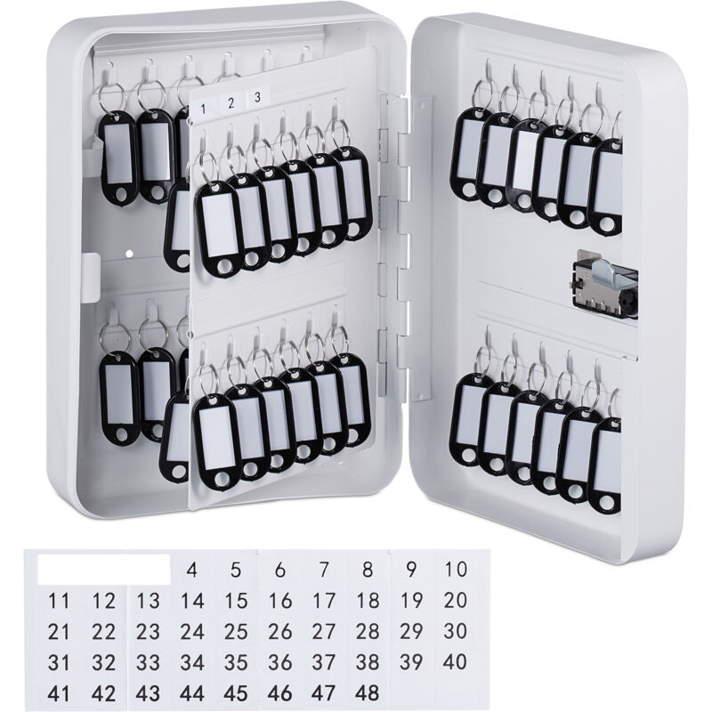 foto del prodotto relaxdays armadietto portachiavi da parete, cassetta sicurezza con codice, 48 ganci appendi chiavi, 25x18x7,5 cm, bianco