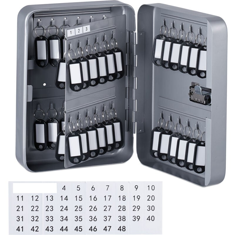 foto del prodotto relaxdays armadietto portachiavi da parete, cassetta sicurezza con codice, 48 ganci appendi chiavi, 25x18x7,5 cm, grigio