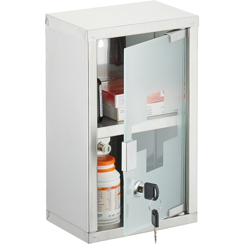 foto del prodotto relaxdays armadietto pronto soccorso medicinali, cassetta medicine con chiave, hlp 30x18x12 cm, acciaio inox e vetro