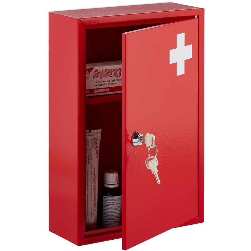 foto del prodotto relaxdays armadietto pronto soccorso per medicinali, cassetta con chiusura di sicurezza, 32x21,5x9,5 cm, rosso bianco
