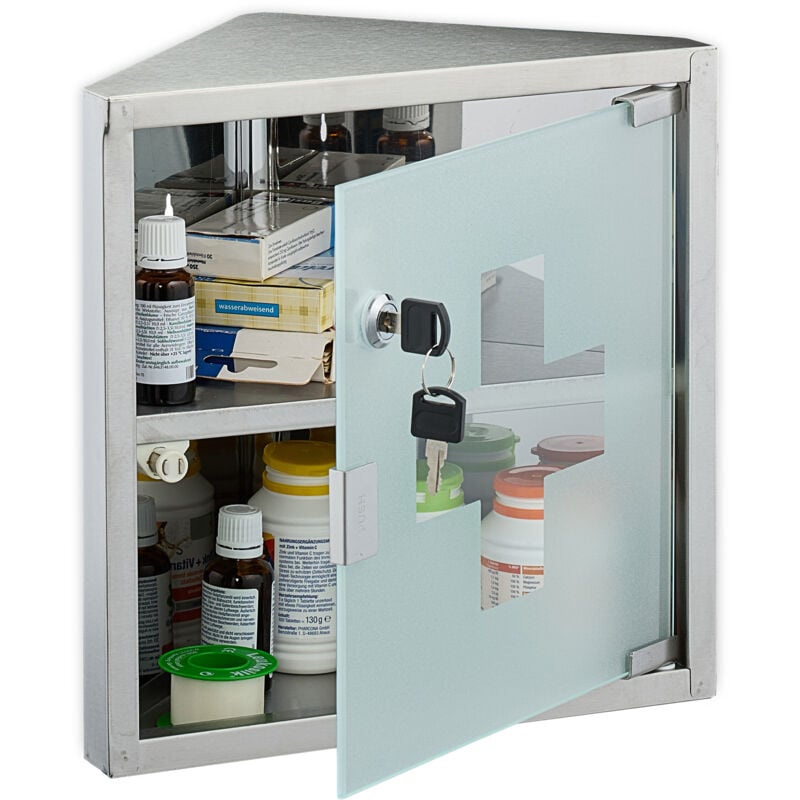 foto del prodotto relaxdays armadietto pronto soccorso per medicinali, cassetta medicine chiusa a chiave, 2 scomparti, hlp 30x30x17,5 cm