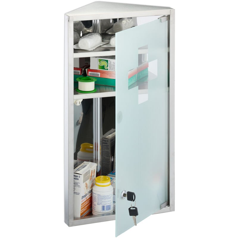 foto del prodotto relaxdays armadietto pronto soccorso per medicinali, cassetta medicine chiusa a chiave, 3 scomparti, hlp 56x30x18 cm