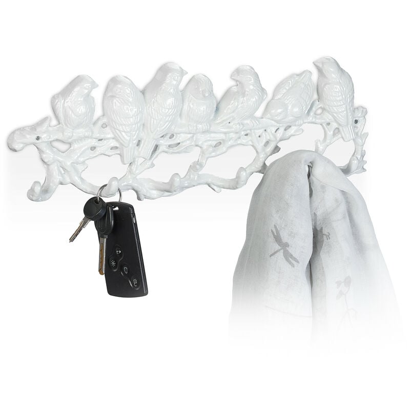 foto del prodotto relaxdays attaccapanni da parete, 6 ganci uccellini, 13x36,5x4,5 cm, appendiabiti in ghisa, guardaroba ingresso, bianco