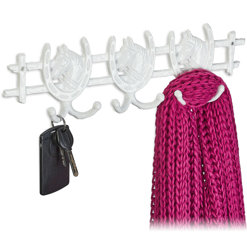 foto del prodotto relaxdays attaccapanni da parete, tema cavalli, 11x36,5x3,5 cm, 6 ganci appendiabiti ghisa, guardaroba ingresso, bianco