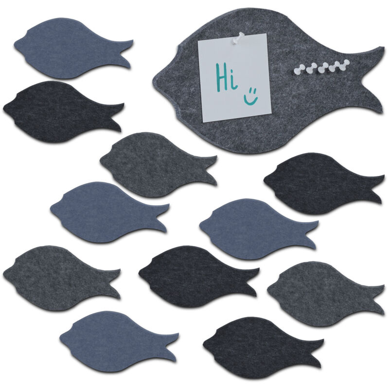 foto del prodotto relaxdays bacheca da parete, set 12 pannelli in feltro a forma di pesce, puntine incl., hlp 16 x 30 x 0,9 cm, colorato