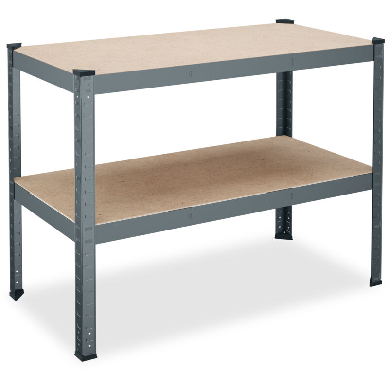 foto del prodotto relaxdays banco da lavoro officina, hxlxp 90x120x60 cm, 150 kg, tavolo con 2 ripiani regolabili, acciaio e mdf, grigio