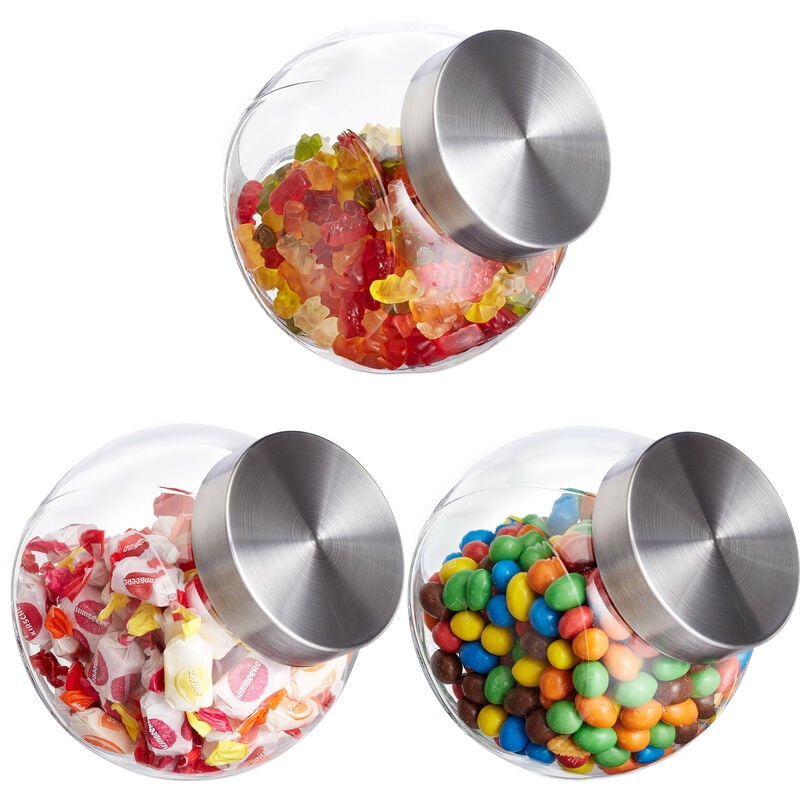 foto del prodotto relaxdays - barattoli per caramelle, set 3 vasi 1,5 l, per biscotti, dolci, confetti, coperchio acciaio inox, trasparente