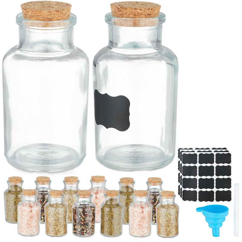 foto del prodotto relaxdays barattoli spezie, set di 14 vasetti in vetro 150 ml, contenitori con tappo in sughero, con etichette e imbuto