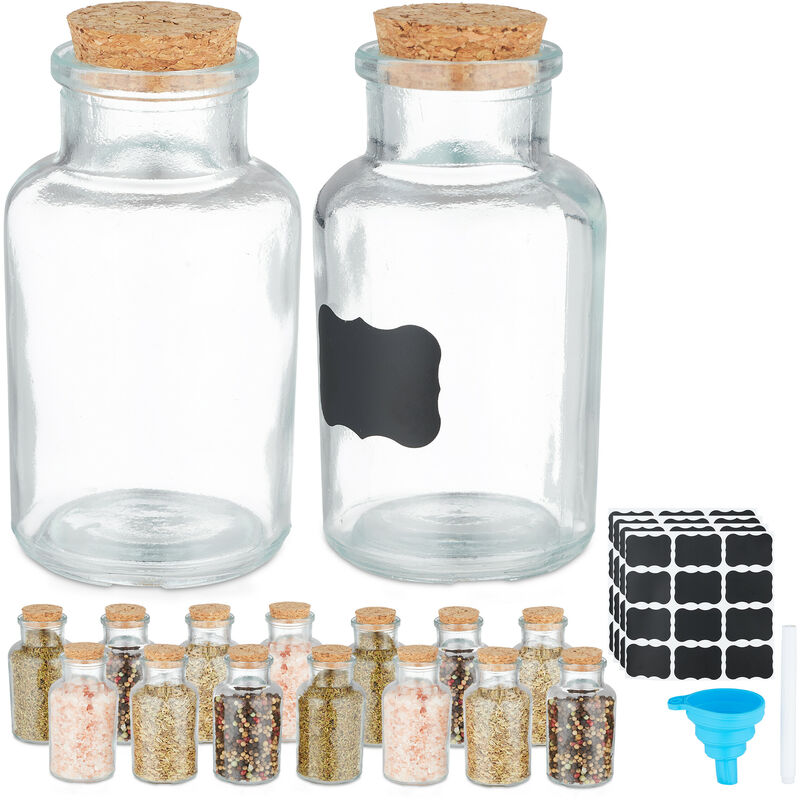 foto del prodotto relaxdays barattoli spezie, set di 16 vasetti in vetro 150 ml, contenitori con tappo in sughero, con etichette e imbuto
