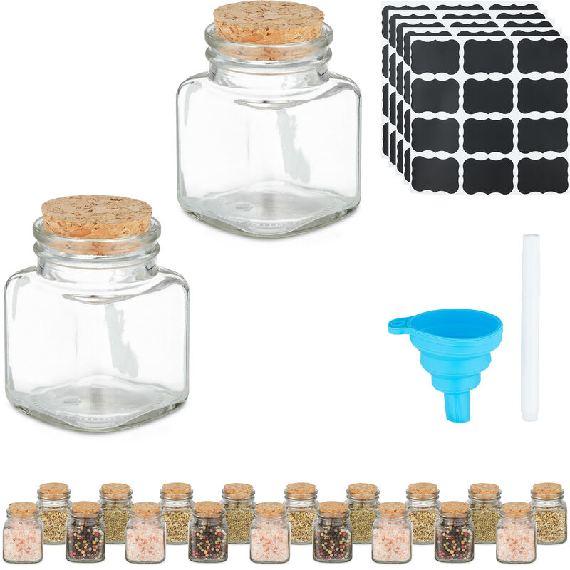 foto del prodotto relaxdays barattoli spezie, set di 20 vasetti in vetro 100 ml, contenitori con tappo in sughero, con etichette e imbuto