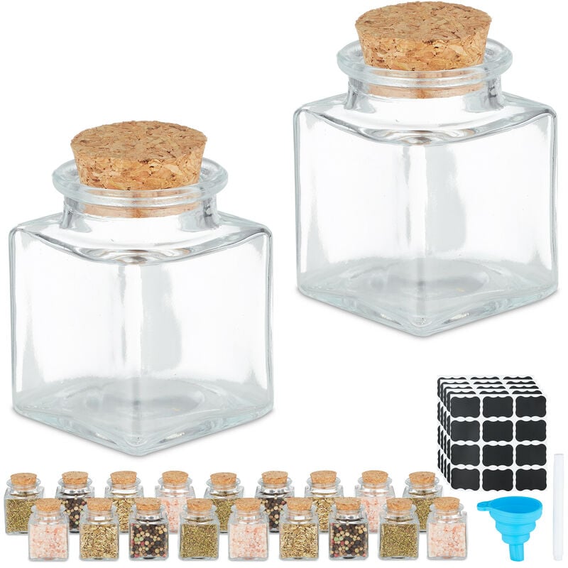foto del prodotto relaxdays barattoli spezie, set di 20 vasetti in vetro 50 ml, contenitori con tappo in sughero, con etichette e imbuto