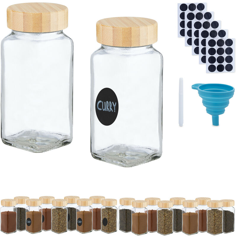 foto del prodotto relaxdays barattoli spezie, set di 20 vasetti vetro 120 ml, contenitori con coperchio in bamb , con etichette e imbuto
