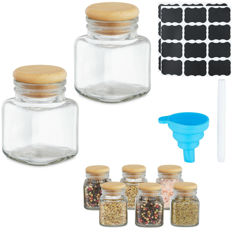 foto del prodotto relaxdays barattoli spezie, set di 8 vasetti in vetro 100 ml, contenitori con coperchio in bamb , con etichette e imbuto