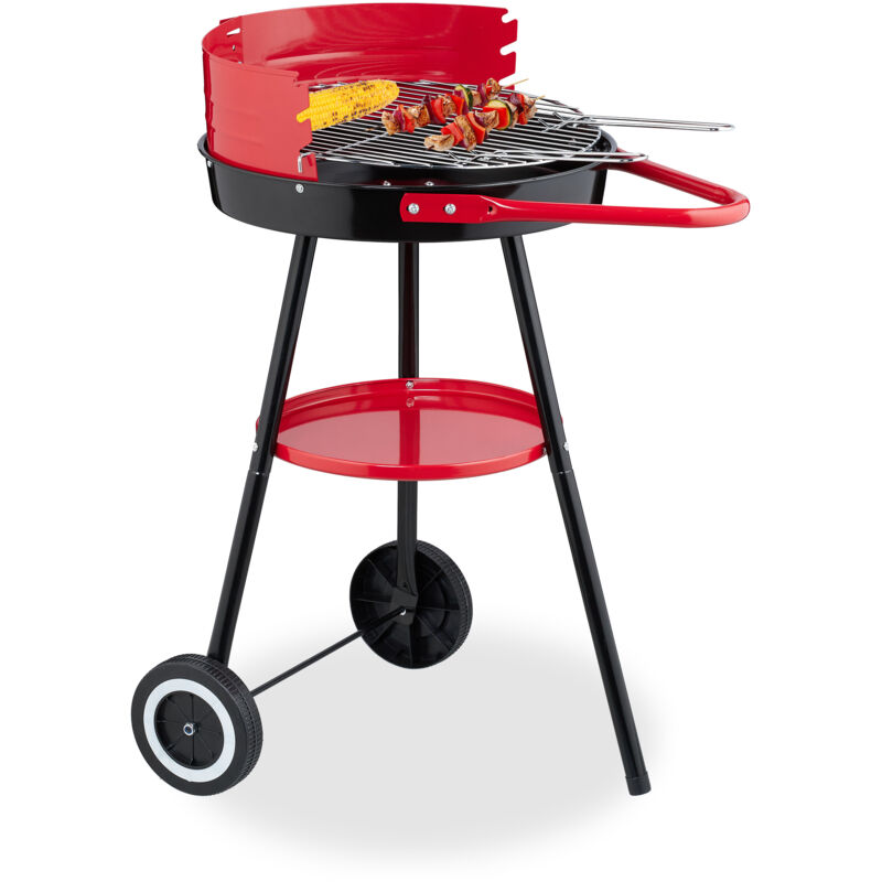 foto del prodotto relaxdays barbecue a carbonella con paravento, 42 cm, grill a carbone da esterno, 2 ruote e portautensili, nero rosso