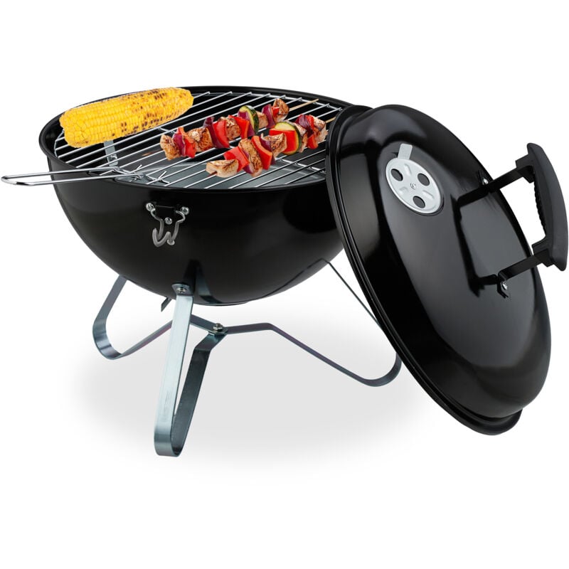 foto del prodotto relaxdays barbecue a carbonella portatile, 37 cm, grill a carbone con coperchio, esterno, giardino e campeggio, nero