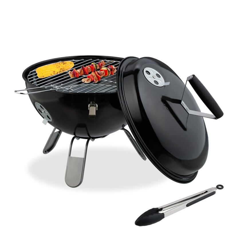 foto del prodotto relaxdays barbecue a carbonella portatile, 37 cm, grill a carbone con coperchio, esterno, giardino e campeggio, nero
