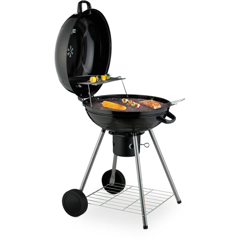 foto del prodotto relaxdays barbecue a sfera a carbonella, grill esterno 53 cm, con coperchio, ruote, raccoglicenere e termometro, nero