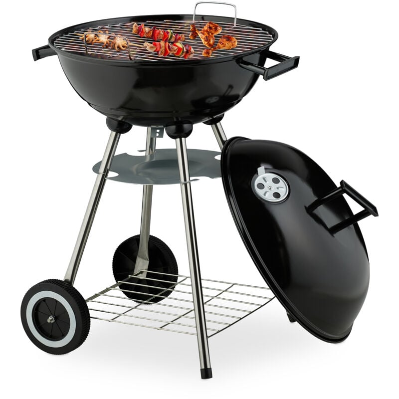 foto del prodotto relaxdays barbecue a sfera con coperchio, 44 cm, grill a carbonella da esterno, 2 ruote e vassoio raccoglicenere, nero
