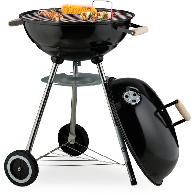 foto del prodotto relaxdays barbecue a sfera con coperchio rotondo, 44 cm, grill a carbonella da esterno, 2 ruote, raccoglicenere, nero