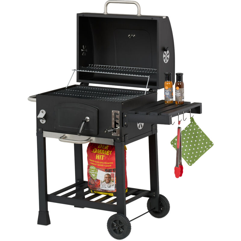 foto del prodotto relaxdays barbecue carbonella con ruote e coperchio, griglia a carbone, grill bbq, altezza regolabile, nero argentato