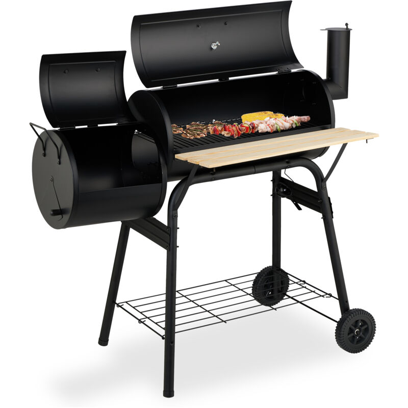 foto del prodotto relaxdays barbecue carbonella con ruote e ripiani, griglia affumicatore con coperchio e termometro, acciaio, legno, nero